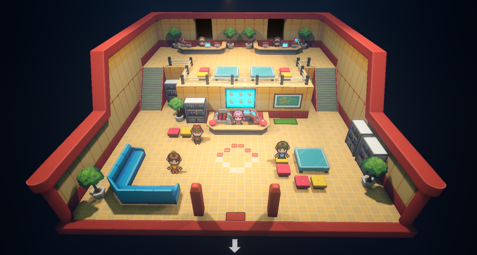 Two-floor Pokémon Center interior in Gamma Emerald