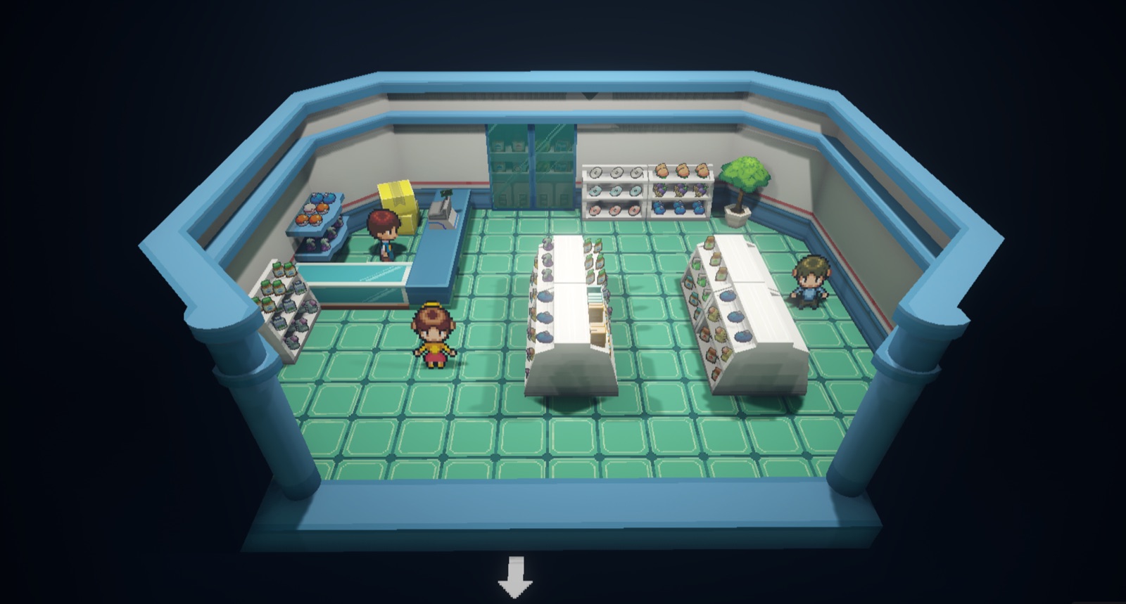 Poké Mart interior with item shelves in Gamma Emerald