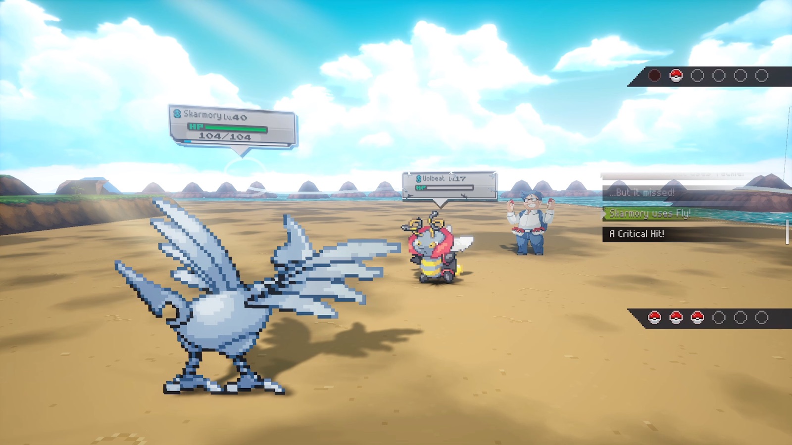 Skarmory battling Volbeat on a beach in Gamma Emerald
